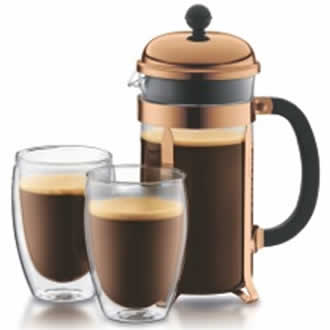 Bodum Chambord Cafetière 1 L + Pavina Glas 0,35 L - 2 stuks Koper