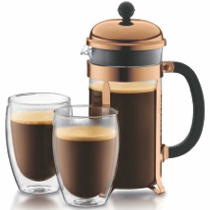 Bodum Chambord Cafetière 1 L + Pavina Glas 0,35 L - 2 stuks Koper